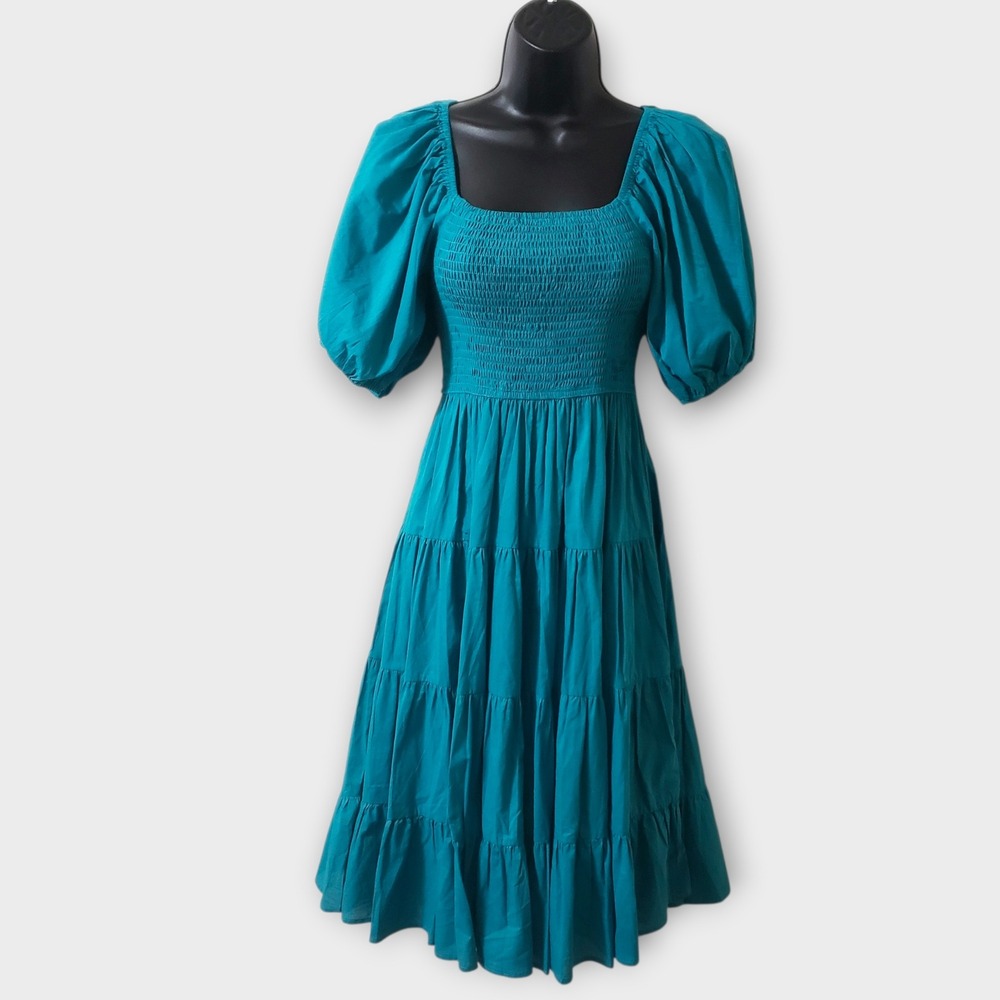 NWT PINCH Puff Sleeve Smocked Bodice Tiered Midi Dress Teal Blue Medium